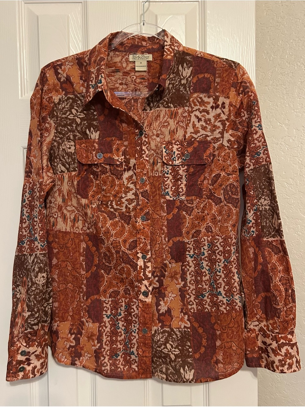 Lucky Brand Patchwork Button-Down Shirt in Rust and Brown Tones